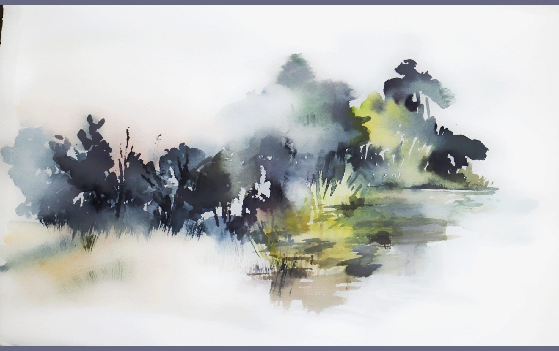 foggy morning on the river, watercolor painting
